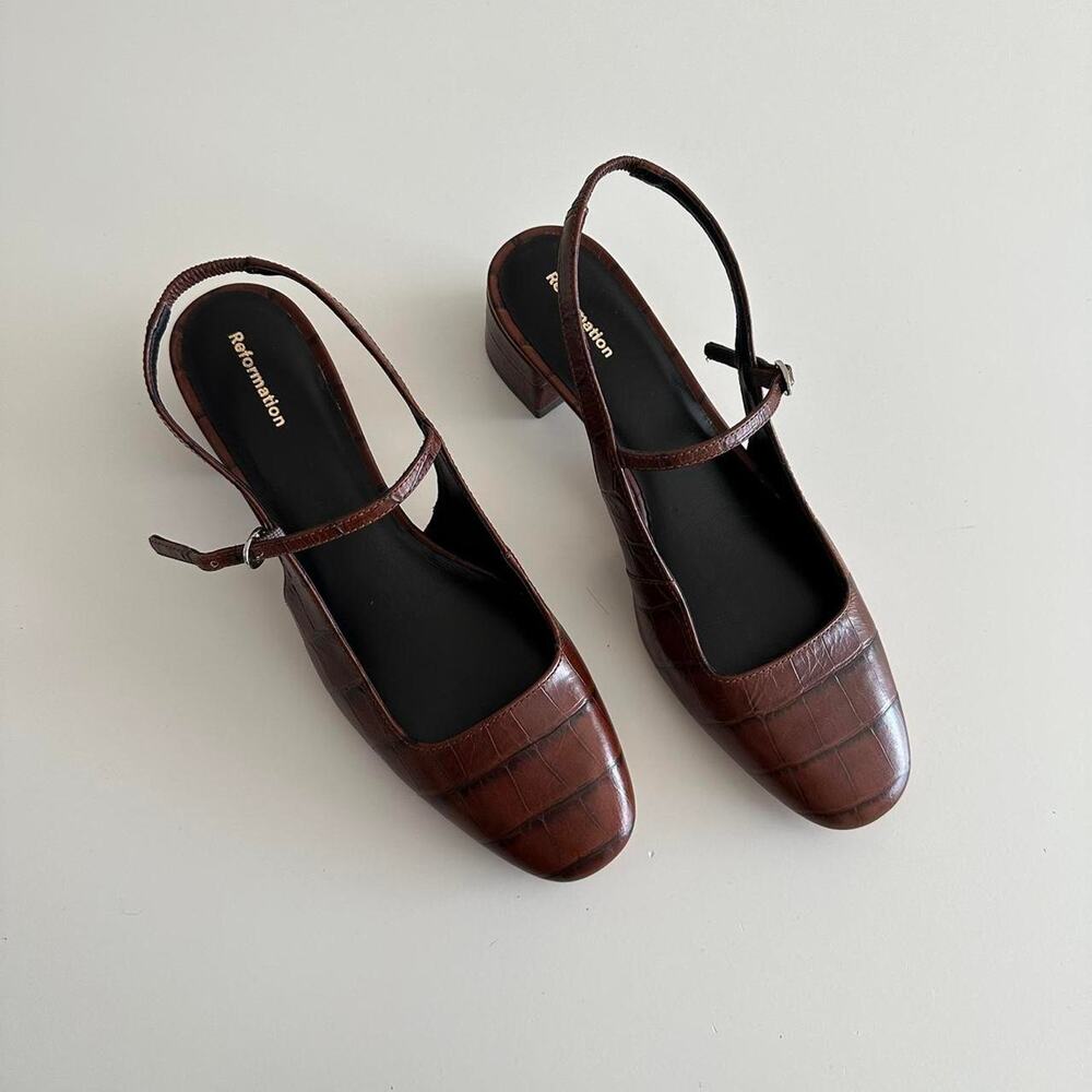 Reformation Brown Croc-Embossed Mary Jane Block Heels